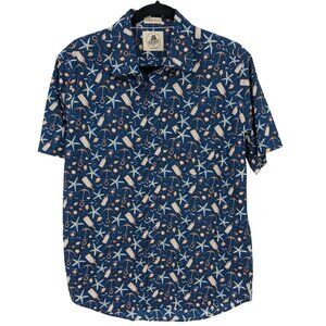 Nautical Hawaiian Button Up Shirt Starfish Anchor Print Coastal Vacation Size M